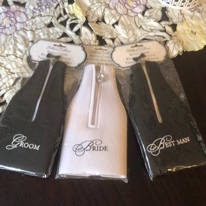 Lillian Rose wedding party bottle covers. Bride Groom and Best Man bottle cozys